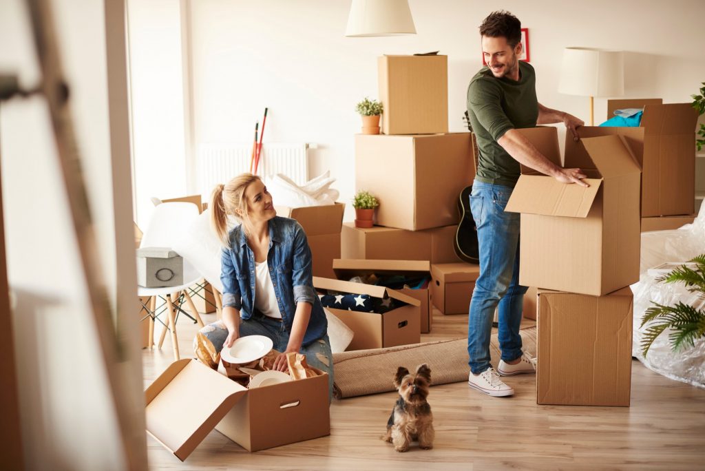 Vente rapide : image d'un couple dans leur premier appartement avec son petit chien